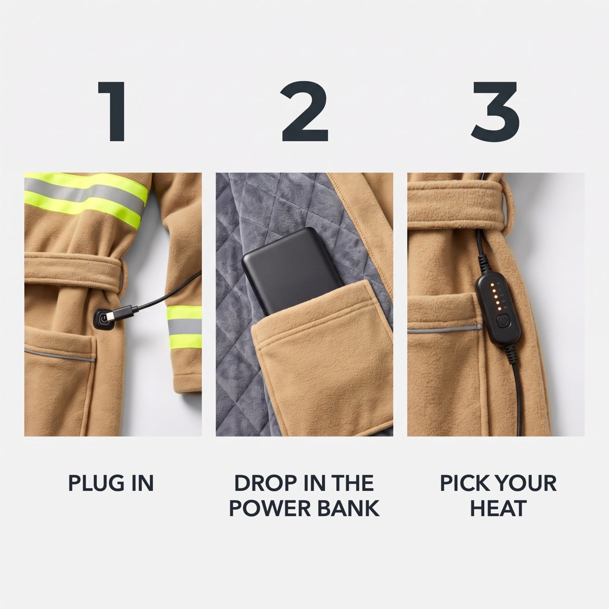 Plug in, drop in the power bank, pick your heat