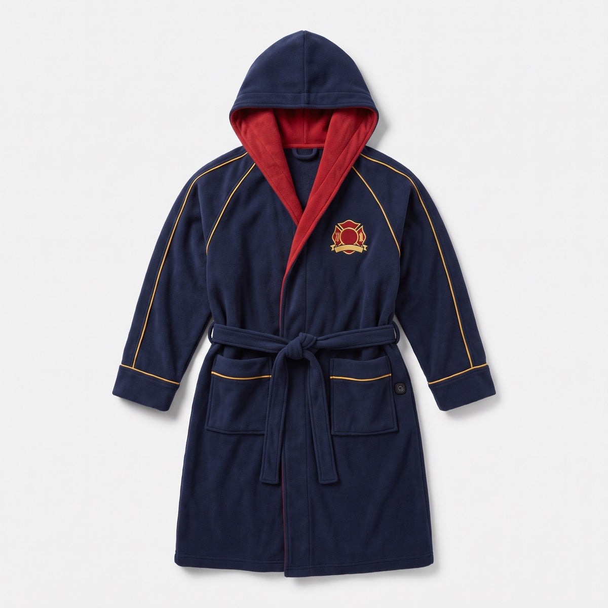 Station Navy heated station robe in navy with gold piping