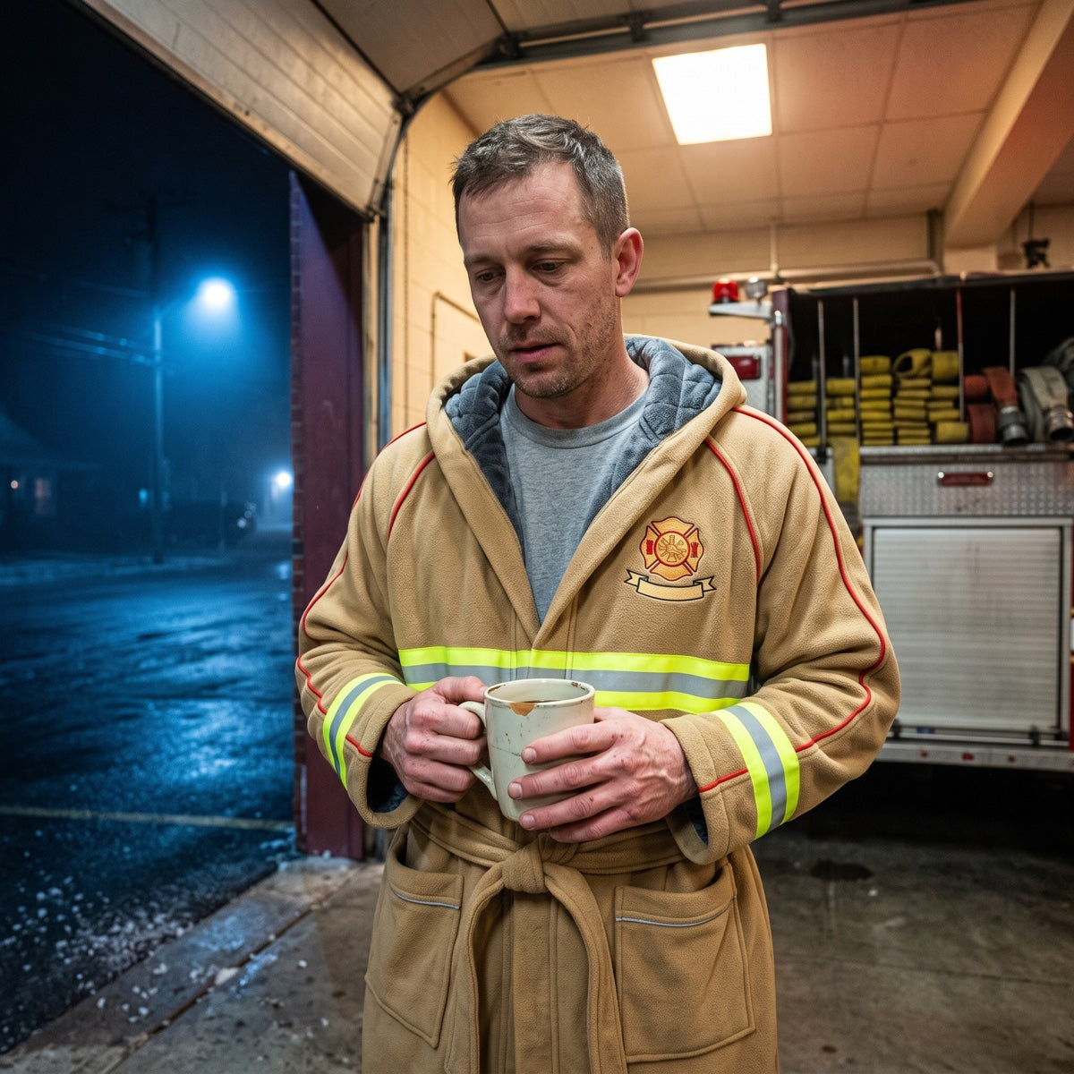 Coffee in the apparatus bay at four in the morning
