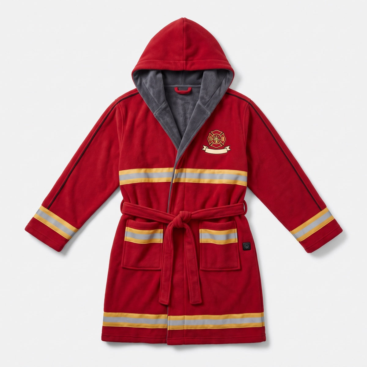Engine Red heated station robe in red with reflective stripes